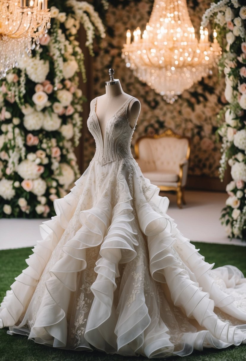 A luxurious wedding dress with cascading romantic ruffles and intricate details, set against a backdrop of opulent floral arrangements and twinkling chandeliers