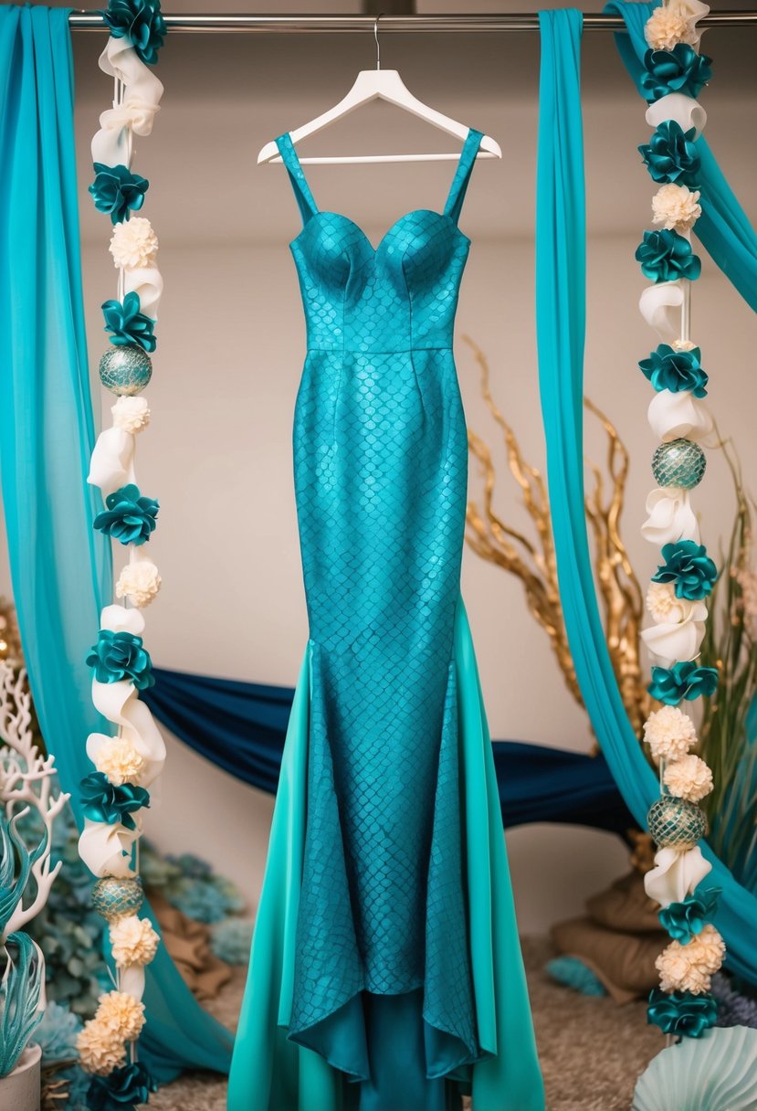 A mermaid silhouette dress hanging on a mannequin, surrounded by flowing fabric and ocean-inspired decor