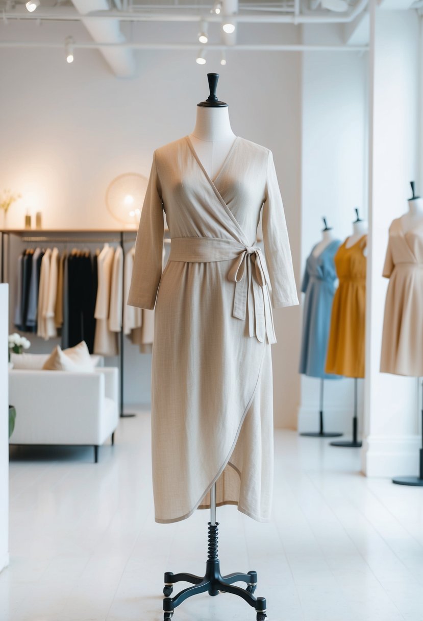 A plus-size linen wrap dress displayed on a mannequin in a bright, airy boutique with soft lighting and minimalistic decor