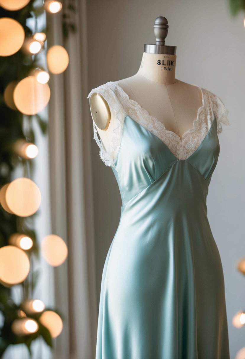 An elegant silk slip dress draped over a mannequin, surrounded by soft lighting and delicate lace details