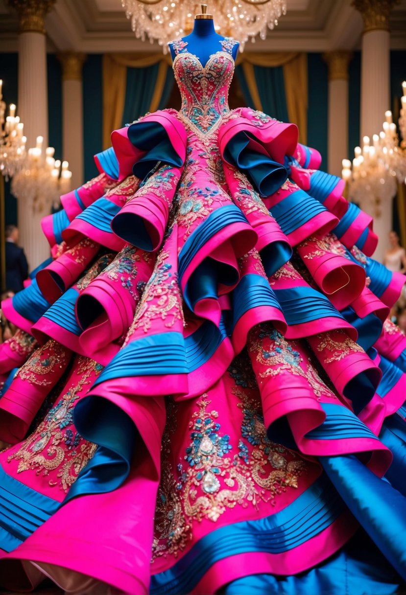 A vibrant and opulent wedding dress adorned with bold colors and extravagant details, cascading in luxurious folds