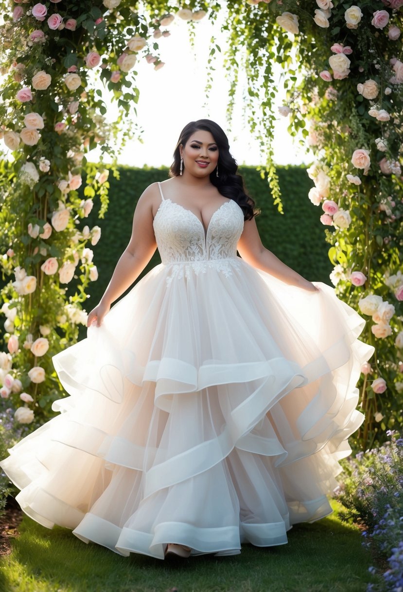 A plus-size bride twirls in a flowy layered tulle gown, surrounded by a garden of blooming flowers and cascading greenery