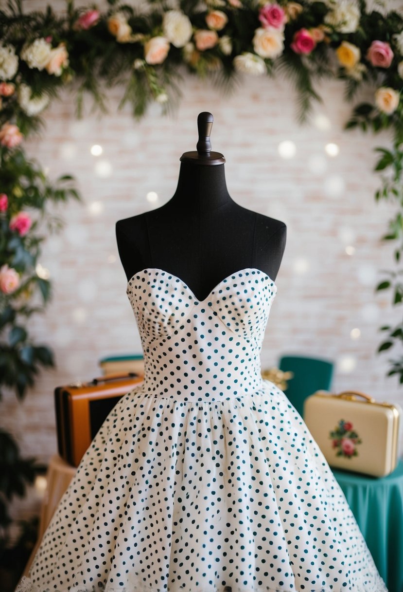 A mannequin wearing a retro polka dot plus-size wedding dress, surrounded by vintage accessories and a floral backdrop