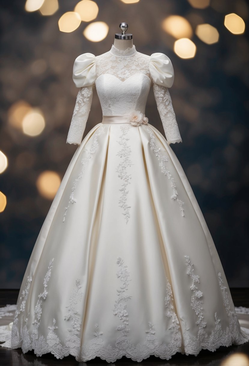 A puffy-sleeved, lace-trimmed wedding dress with a high neckline and a full, floor-length skirt. The dress is adorned with delicate floral appliques and a satin sash