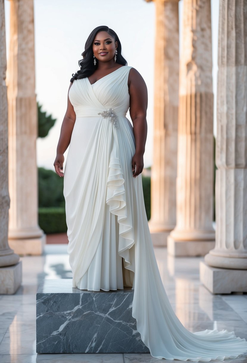 A plus-size bride stands on a marble pedestal, wearing a flowing Grecian draped gown. The dress features delicate pleats and a cascading train, set against a backdrop of ancient Greek columns