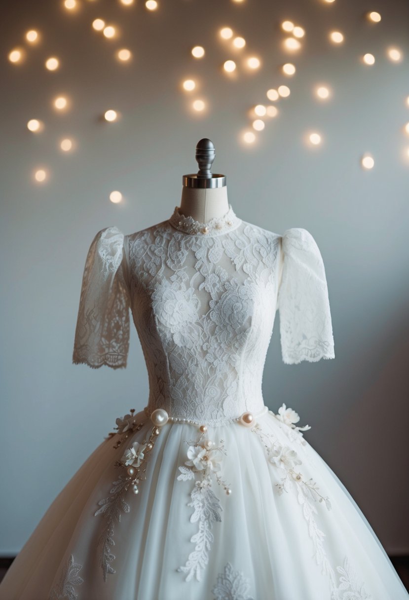 A lace wedding dress with puffy sleeves, a high neckline, and a full skirt, adorned with delicate floral appliques and pearl embellishments