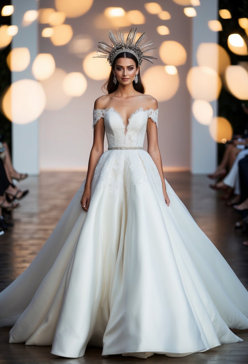 A flowing, off-the-shoulder wedding gown with lace details and a voluminous skirt, paired with a statement headpiece and bold accessories