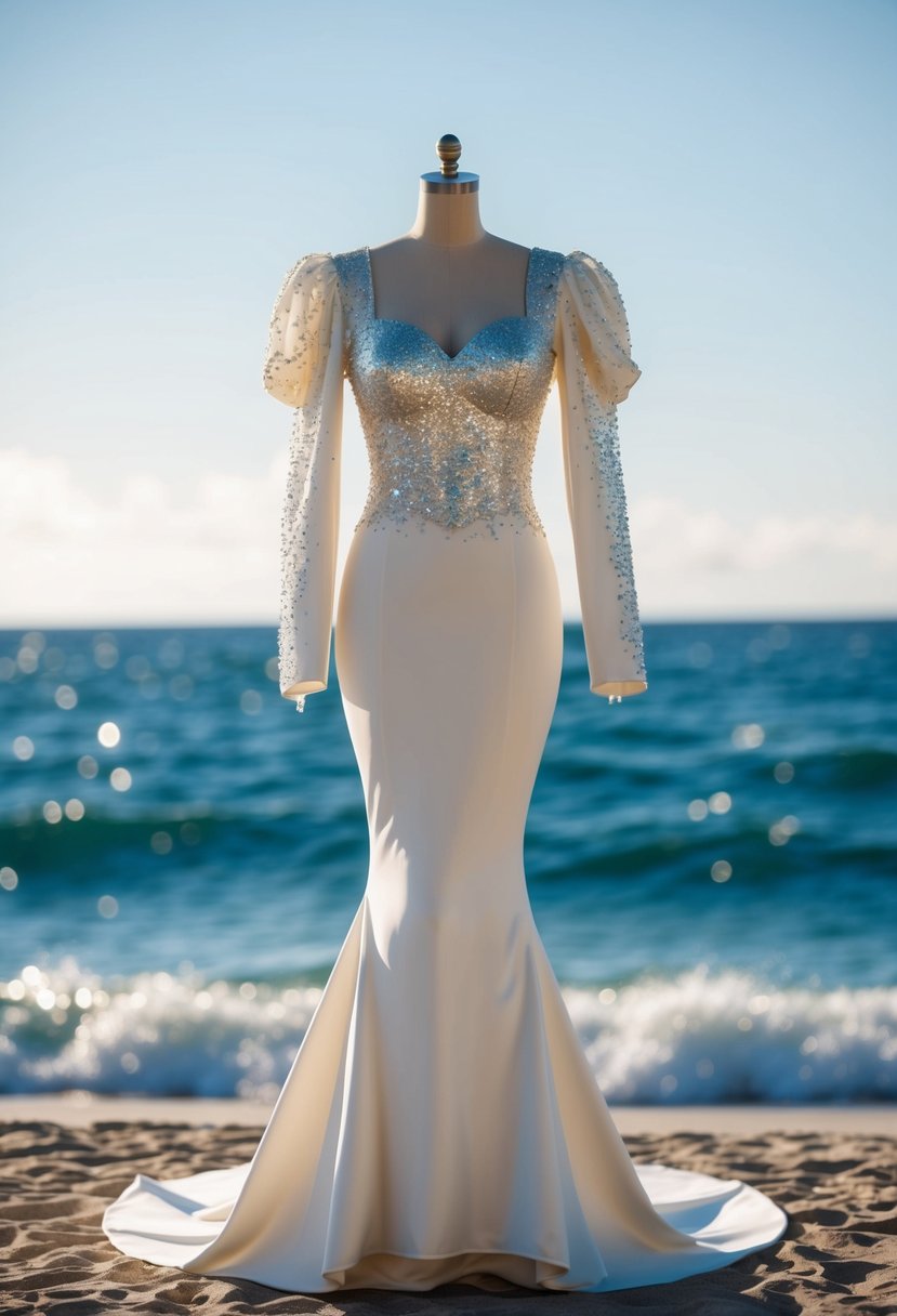 A mermaid silhouette wedding dress with 1980s glam details, like puffy sleeves and sequin embellishments, set against a backdrop of sparkling ocean waves