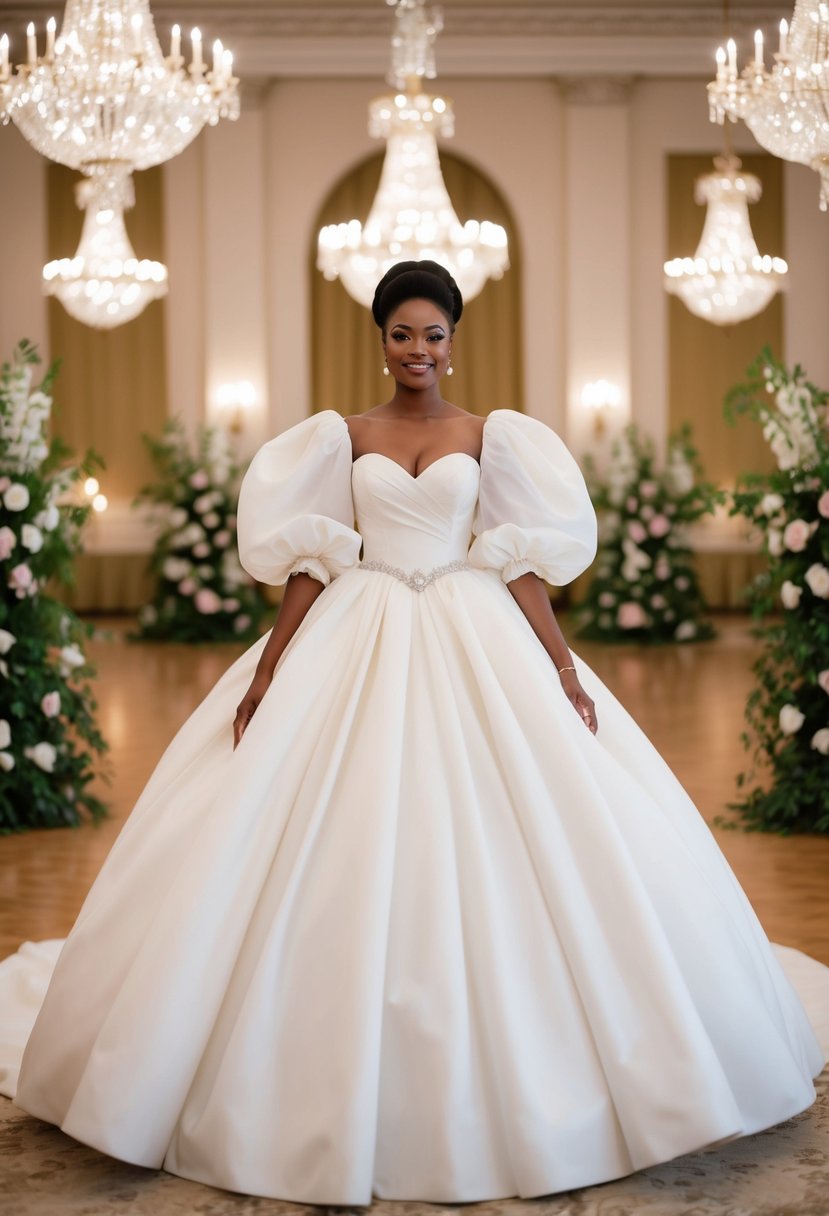 A bride in a voluminous A-line 1980s wedding dress, with puffed sleeves and a sweetheart neckline, standing in a grand ballroom adorned with crystal chandeliers and ornate floral decorations