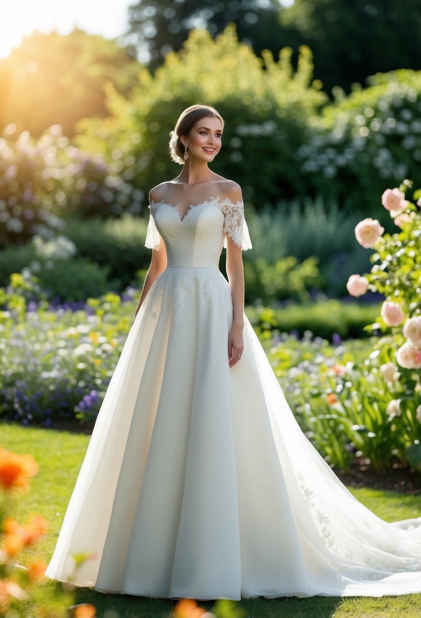 A bride in an off-the-shoulder wedding dress stands in a sunlit garden, surrounded by blooming flowers and greenery. The dress features delicate lace and a flowing silhouette