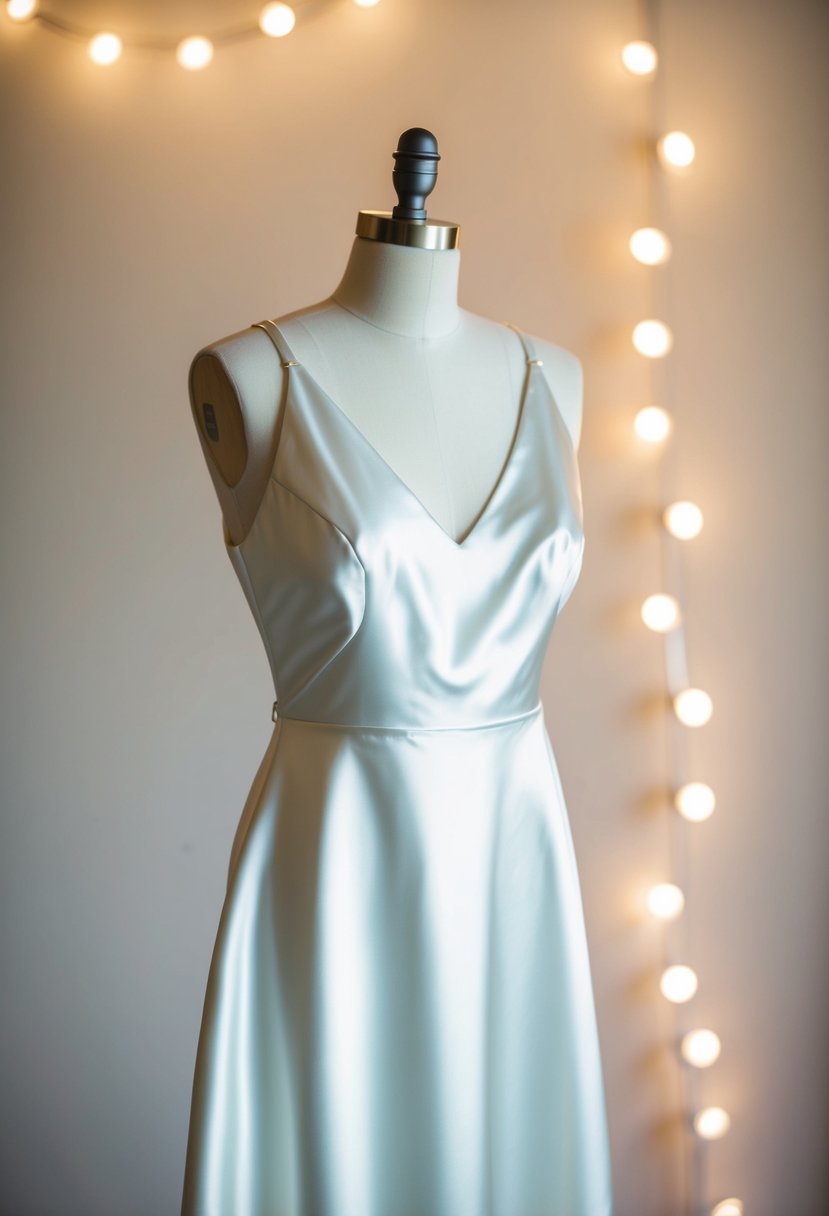 A simple, sleek satin slip wedding dress with a high neckline and minimal embellishments, set against a backdrop of soft, romantic lighting