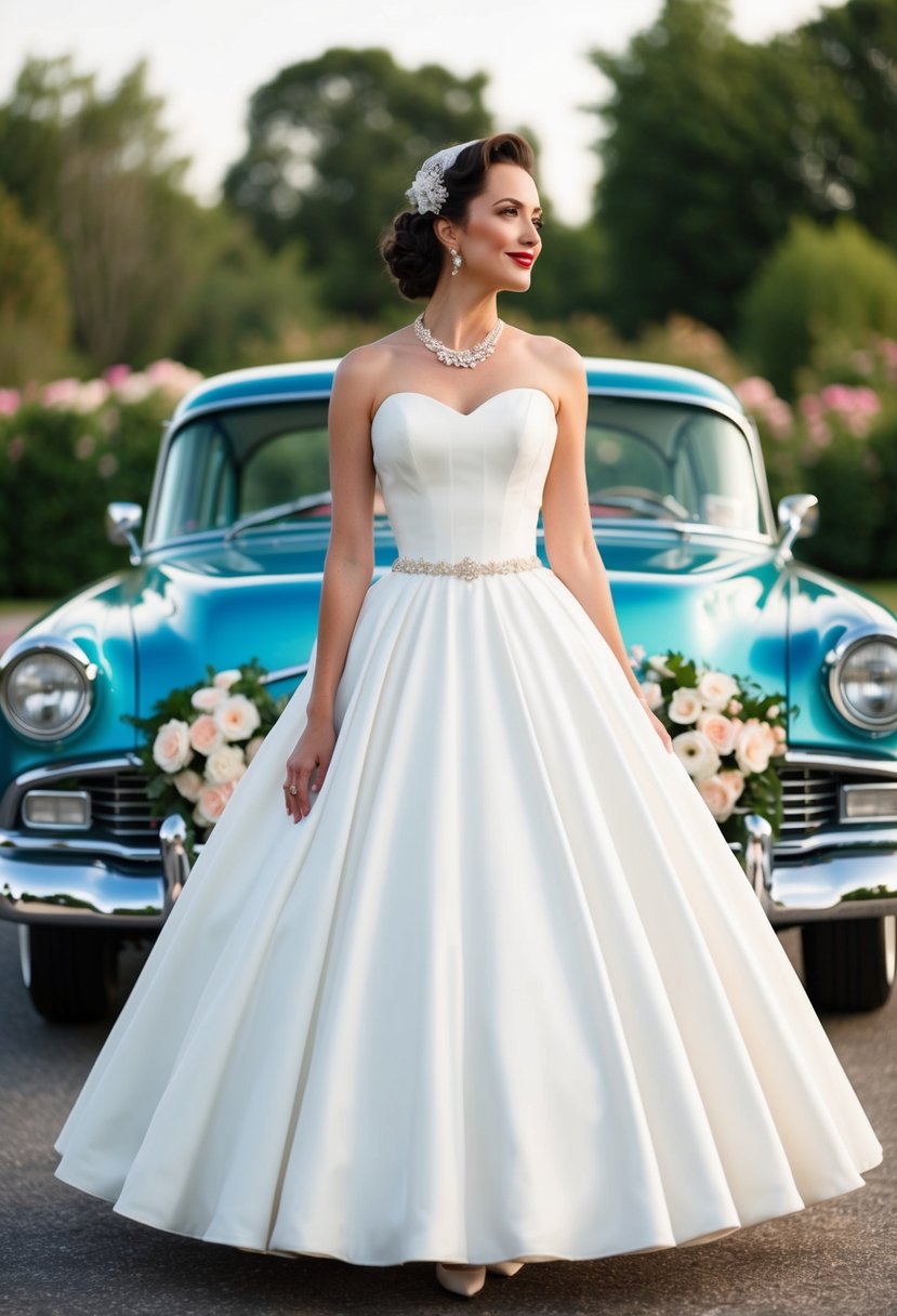 A bride in a 1950s style wedding dress, with a full skirt and fitted bodice, standing in front of a vintage car with retro floral decorations