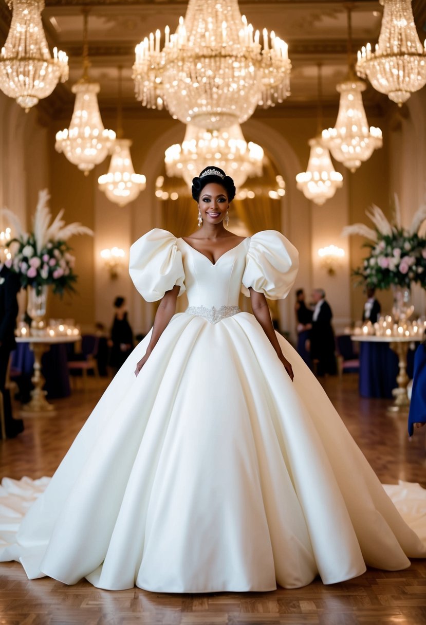 A bride in a voluminous 1980s-style ball gown, with puffy sleeves and a dramatic train, standing in a grand ballroom adorned with chandeliers and intricate floral decorations