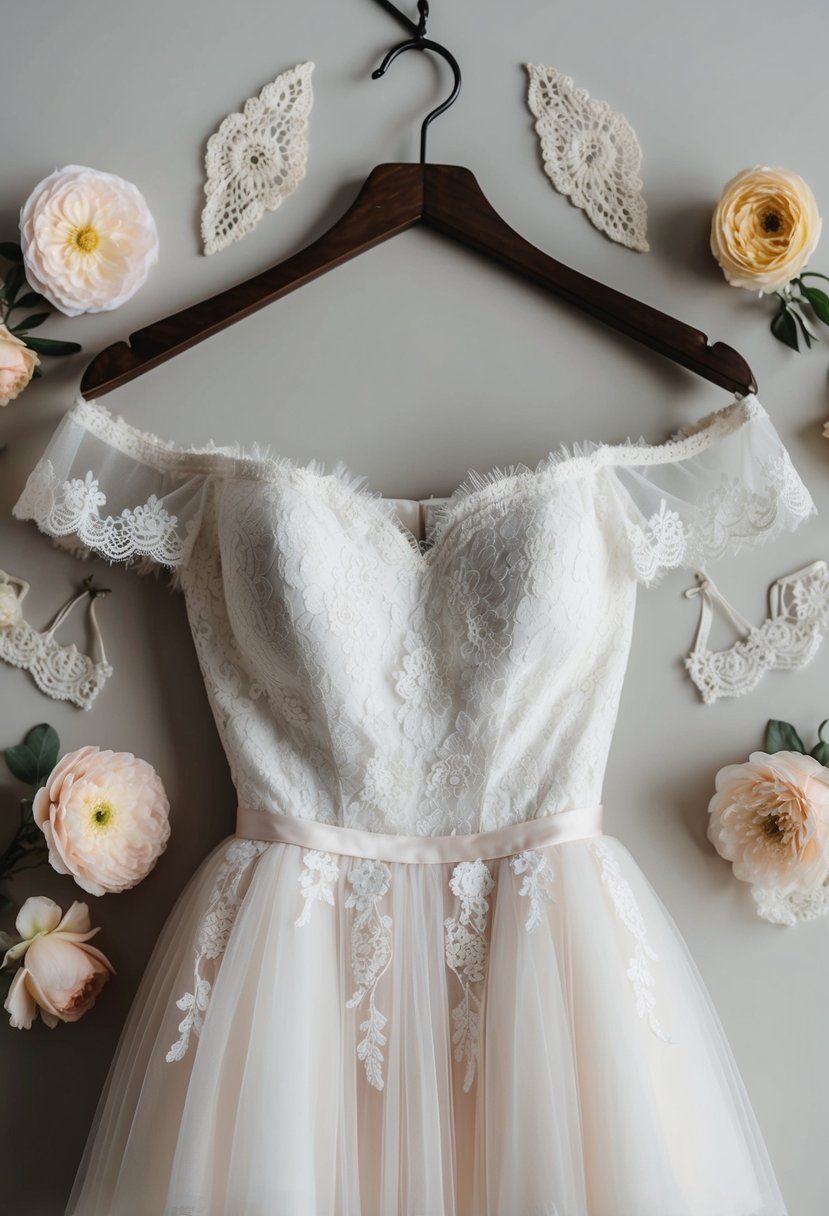 A lace and tulle Bardot off-the-shoulder wedding dress hanging on a vintage wooden hanger, surrounded by soft pastel-colored flowers and delicate lace accessories