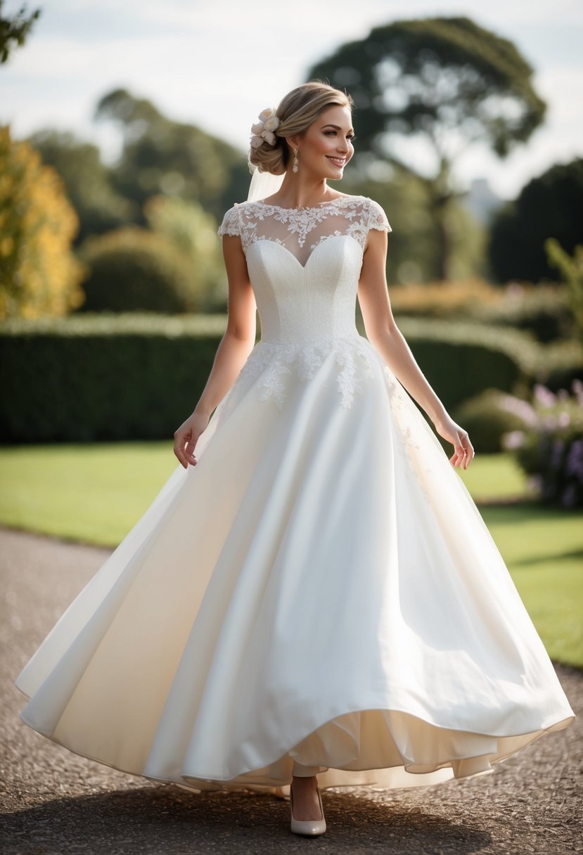 A bride twirls in a tea-length A-line wedding dress, with a fitted bodice and full skirt, adorned with lace and floral details