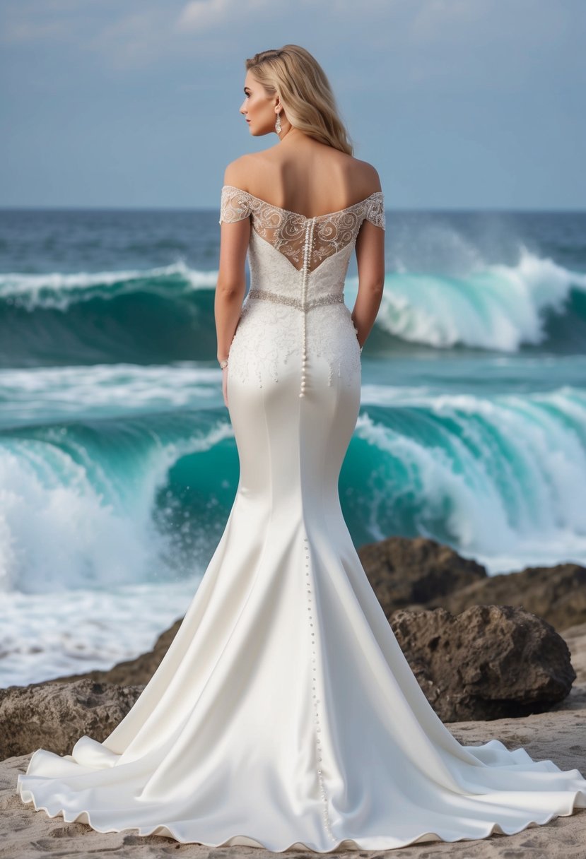 A flowing satin mermaid wedding dress with off-the-shoulder neckline, adorned with intricate lace and delicate beading, set against a backdrop of cascading ocean waves