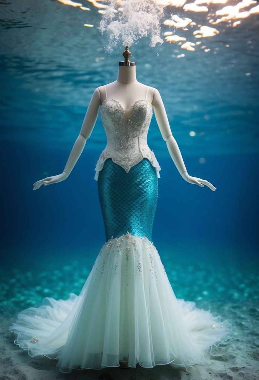 A mermaid silhouette wedding dress adorned with magical 1950s-style details, set against a shimmering underwater backdrop