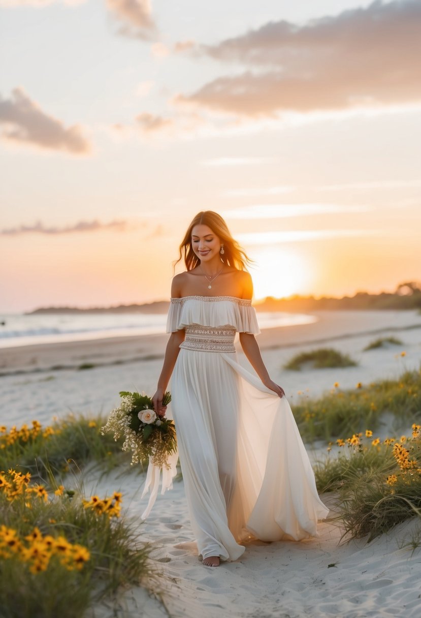 A sandy beach at sunset, with a bohemian bride in an off-the-shoulder wedding dress, surrounded by wildflowers and flowing fabric