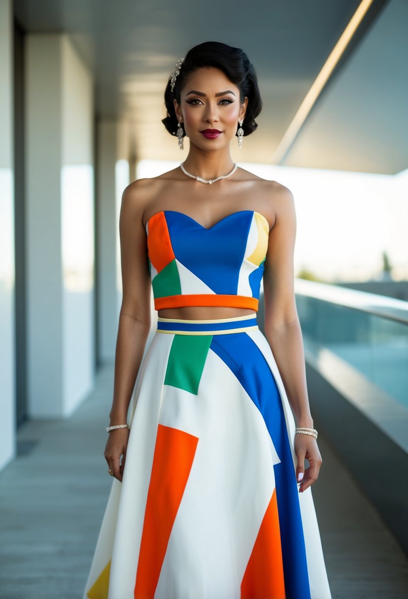 A bride in a 1980s-inspired two-piece wedding dress, with bold colors and geometric patterns, standing in a modern setting with sleek architecture and minimalist decor