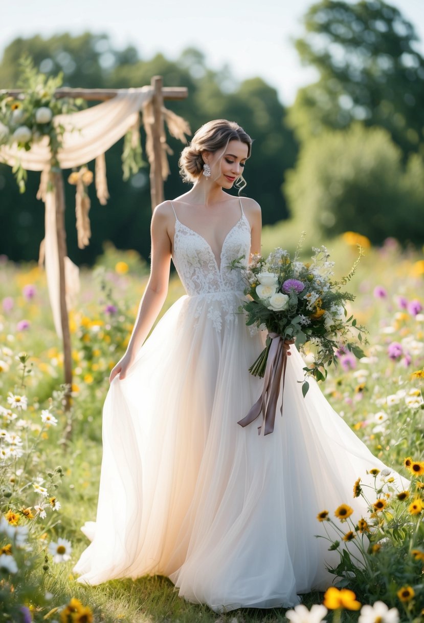 A bride in a flowing 1950s-style wedding dress, surrounded by wildflowers and bohemian decor