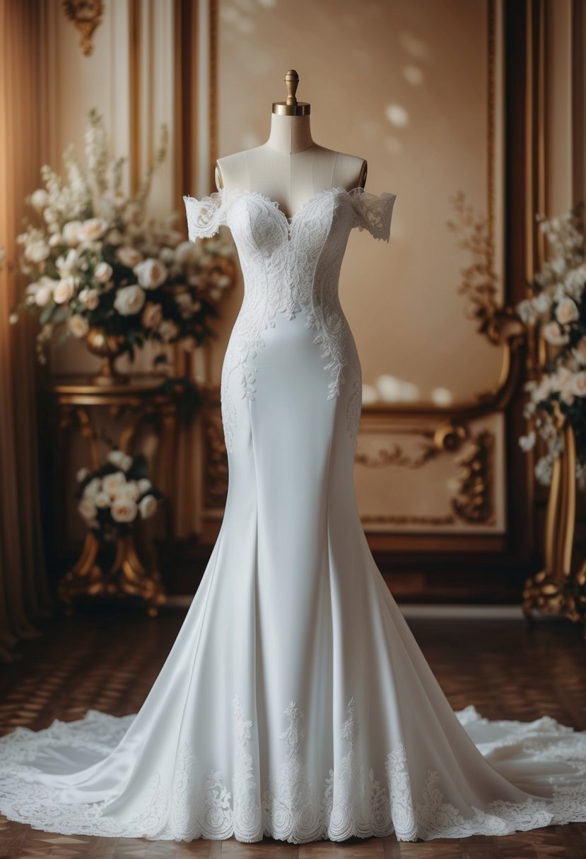 A sleek off-the-shoulder wedding gown with intricate lace details and a flowing train, set against a backdrop of vintage glamour and opulence