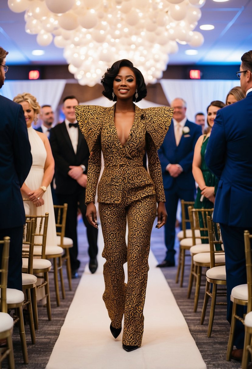 A woman in a chic jumpsuit with exaggerated shoulders and bold patterns walks down the aisle of a 1980s-inspired wedding venue