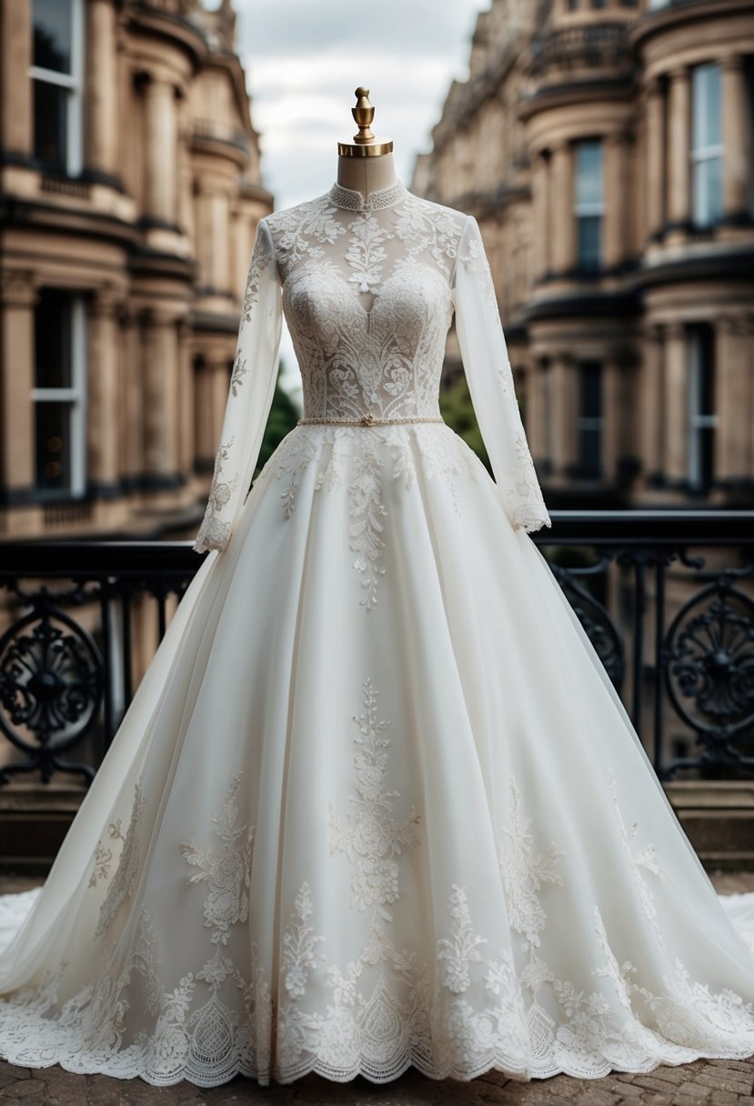 An elegant lace wedding gown with a high neckline and long sleeves, adorned with delicate embroidery and a full skirt, set against a backdrop of vintage Edwardian architecture