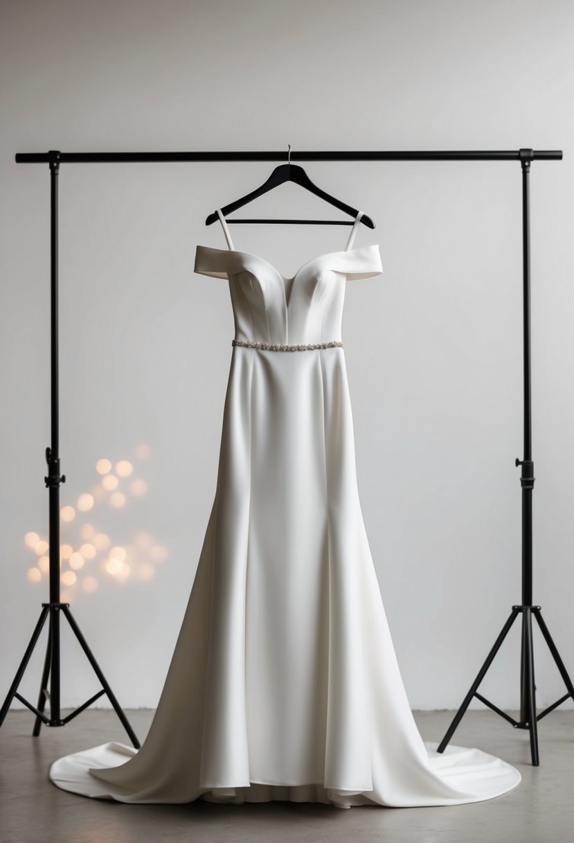 A sleek off-the-shoulder wedding dress hanging on a minimalist backdrop with subtle magic elements