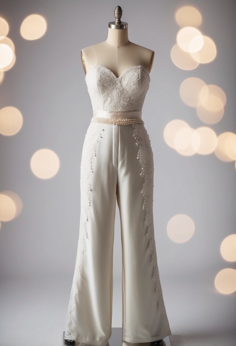 A nontraditional jumpsuit wedding dress with a 1950s flair, featuring a sweetheart neckline, wide-leg pants, and a fitted waist. The fabric is a delicate lace overlay with a satin underlay, adorned with pearl and crystal embellishments