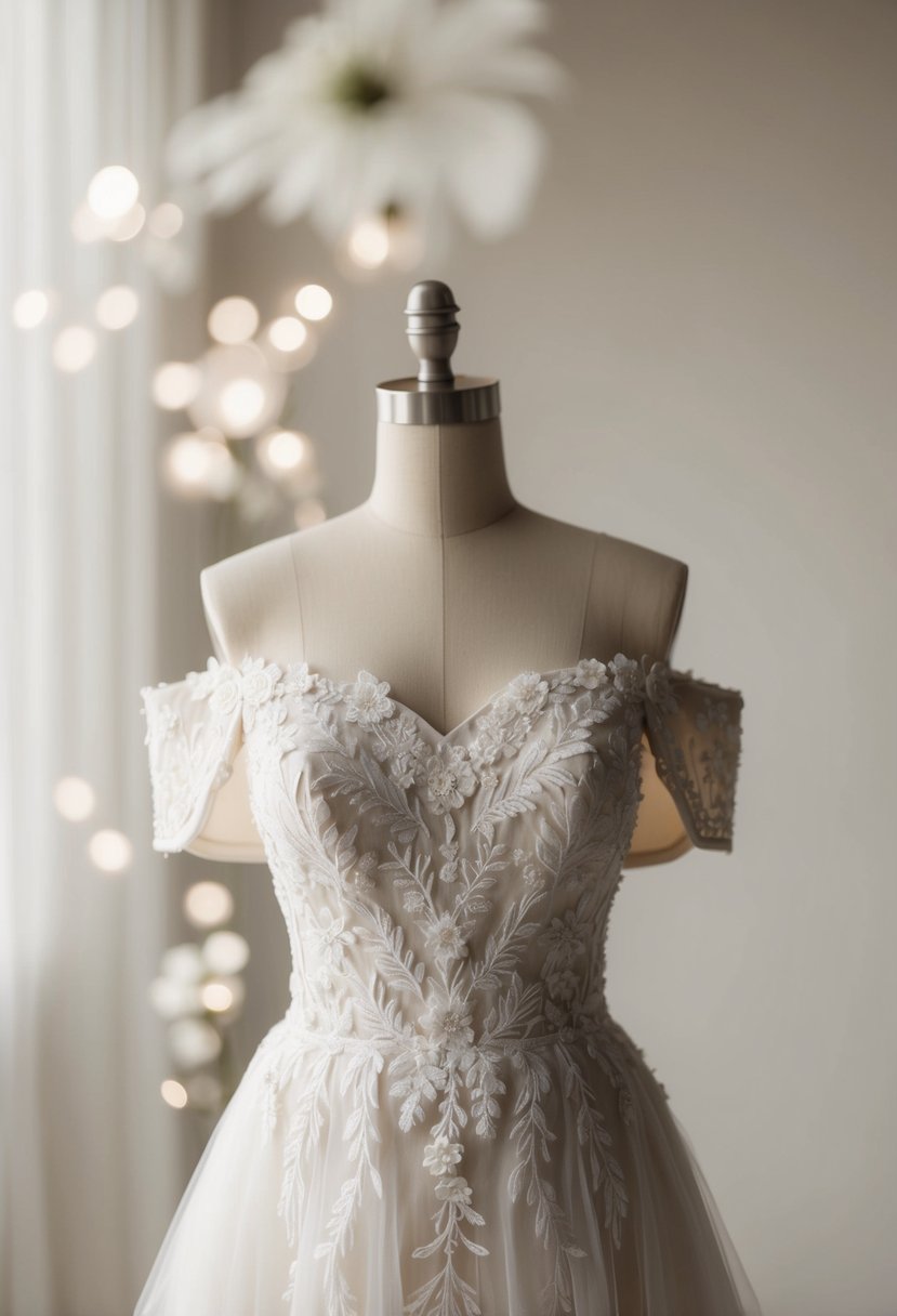 A delicate off-the-shoulder wedding dress adorned with intricate floral embroidery, set against a soft, dreamy background