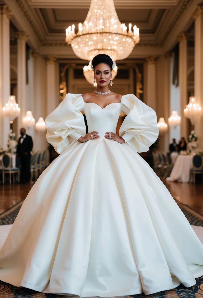 A bride in a voluminous 1980s-style wedding dress with statement sleeves, standing in a grand ballroom with ornate chandeliers and elegant decor