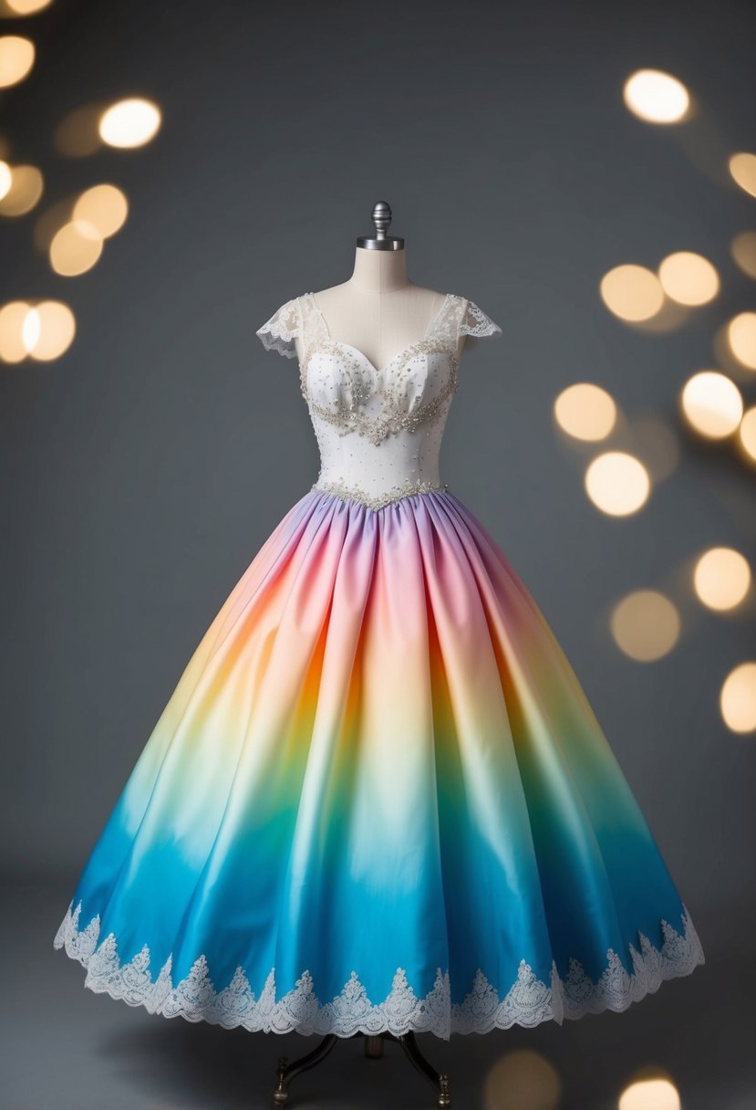 A 1950s style wedding dress with a rainbow ombre effect, featuring a full skirt and fitted bodice, adorned with delicate lace and pearl details