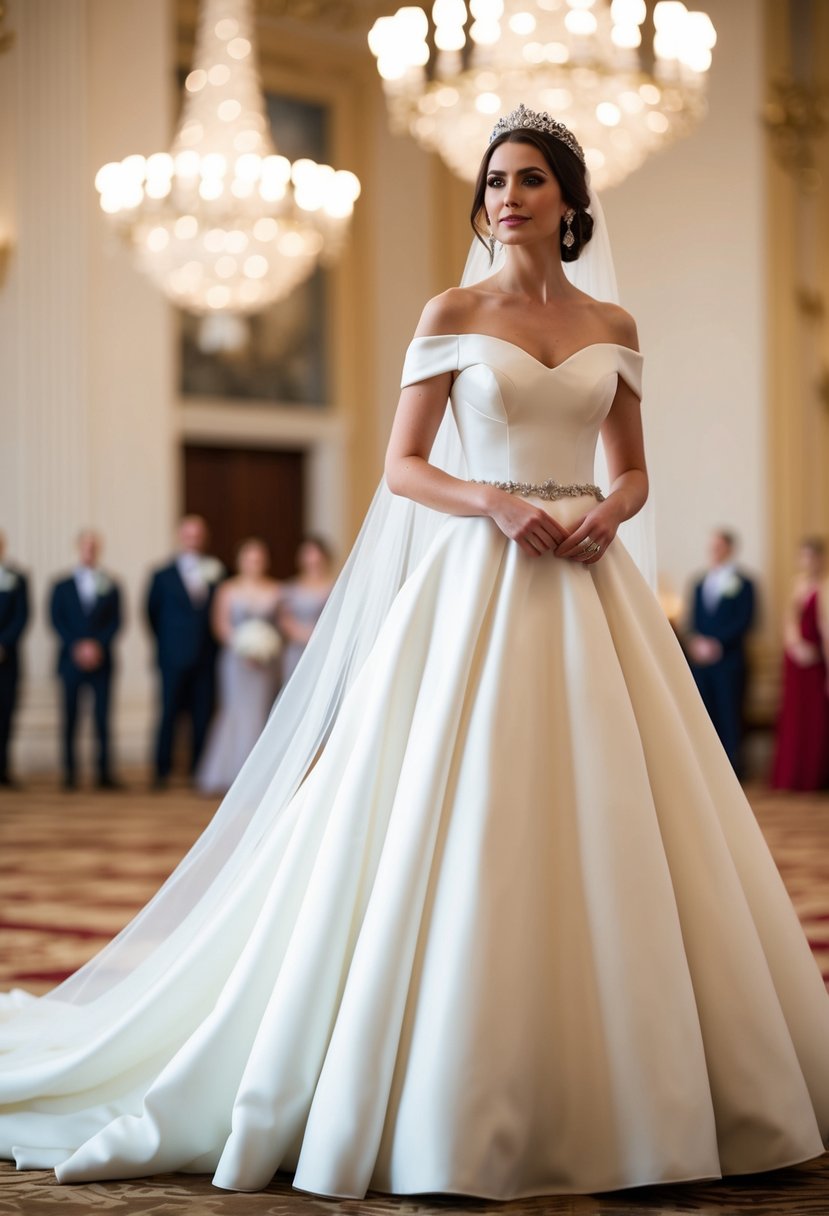 A bride stands in a grand ballroom, her off-the-shoulder wedding dress flowing with regal elegance