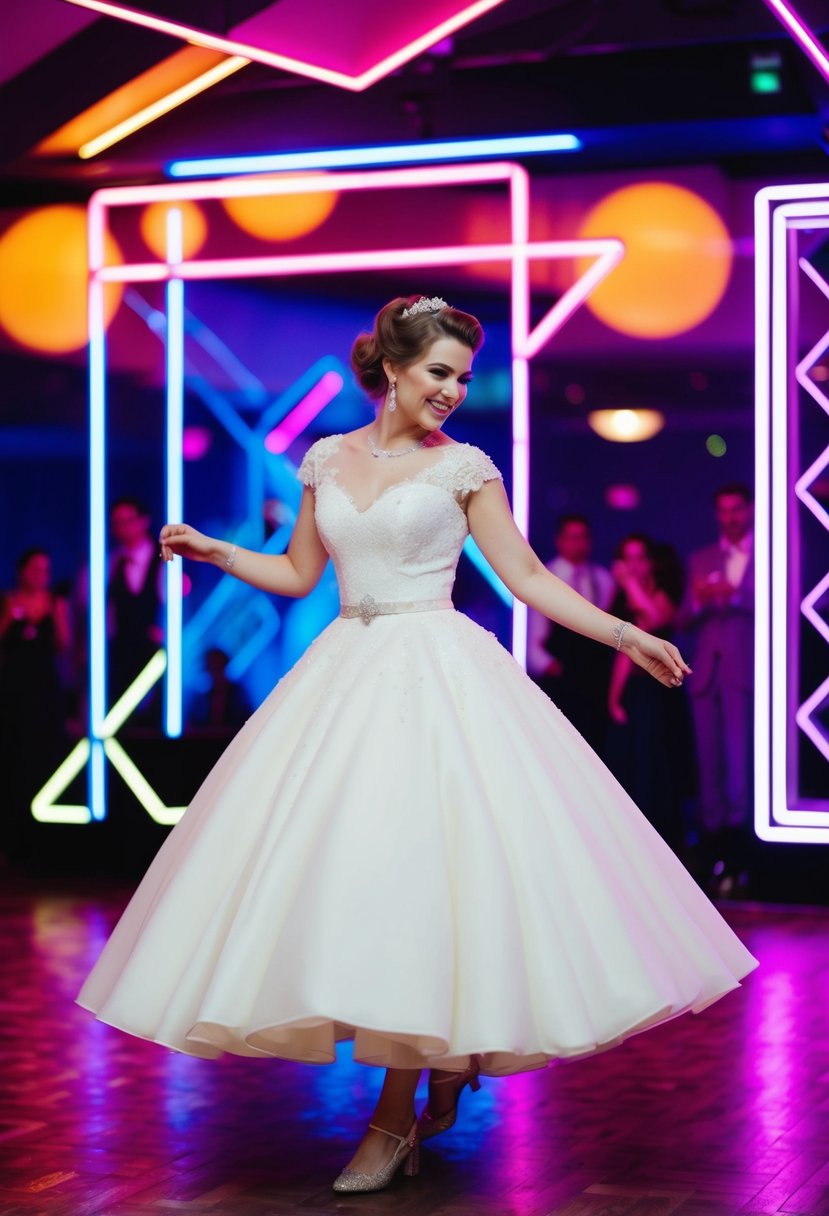 A bride in a tea-length 1980s style wedding dress, surrounded by neon lights and geometric patterns, dancing at a retro-themed wedding reception