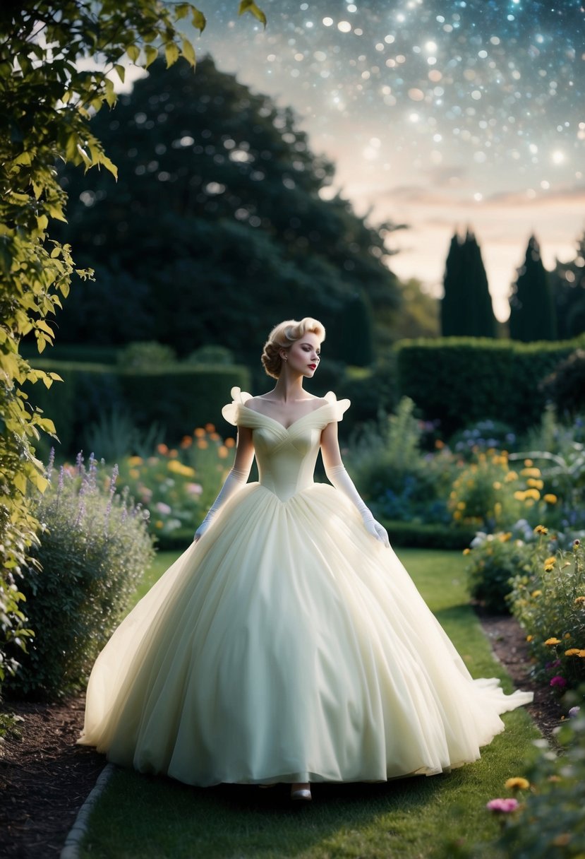 An ethereal princess walks through a garden, her 1950s-style ballgown flowing around her as she gazes at the stars