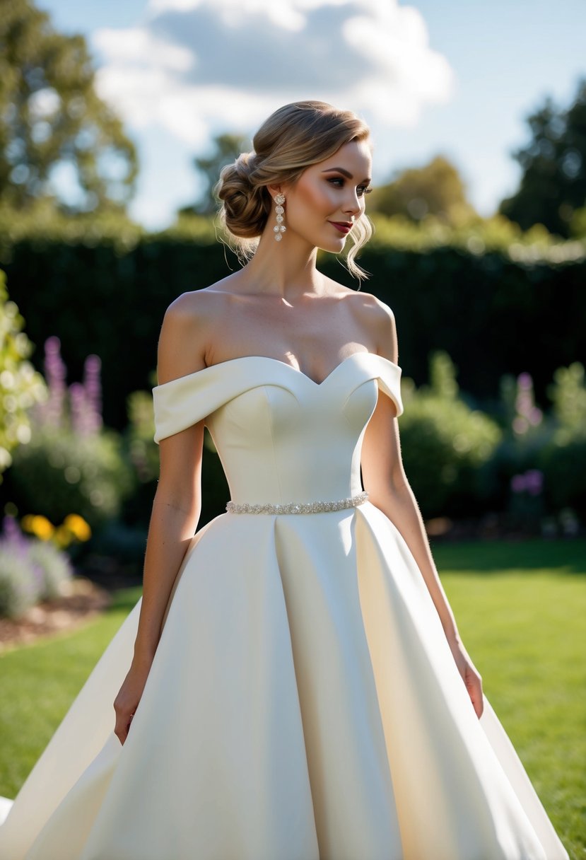 A bride stands in a garden, wearing a modern off-the-shoulder wedding dress with a classic silhouette but a unique twist in the design