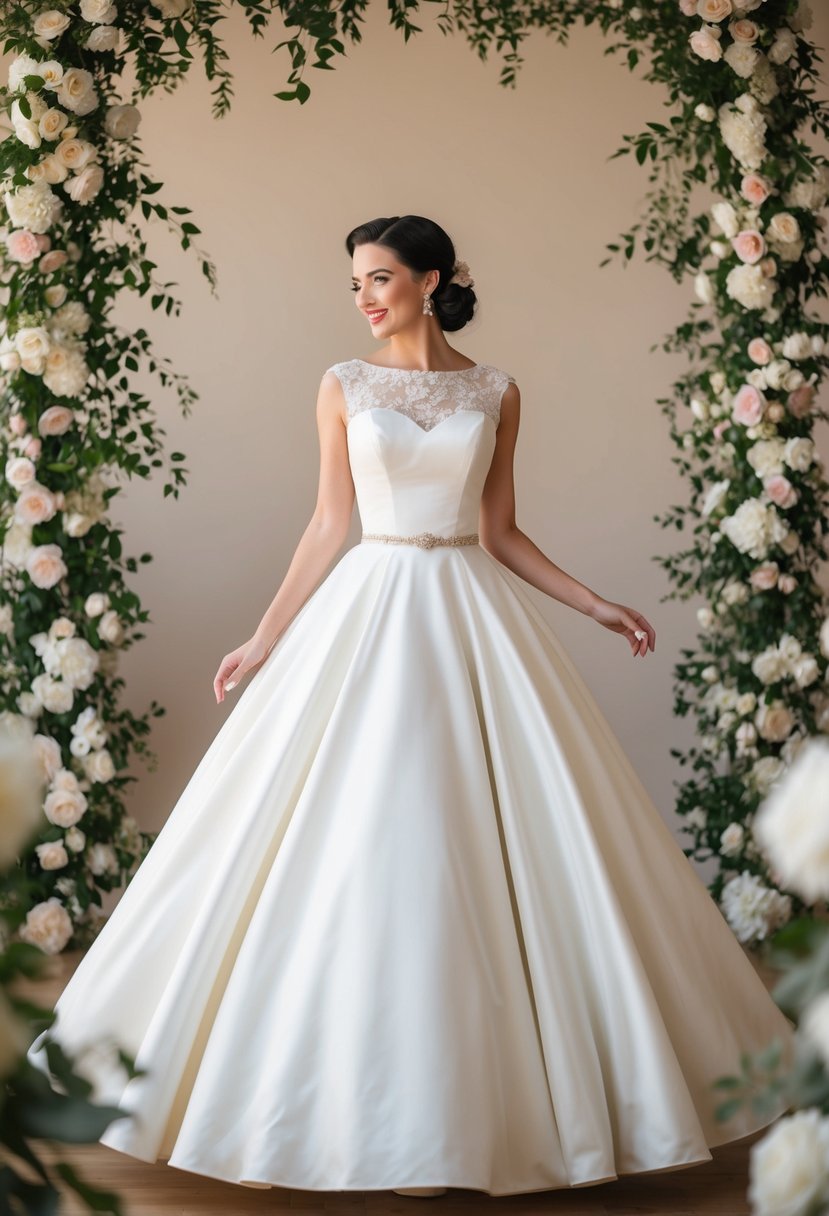 A bride twirls in a vintage 1950s style wedding gown with a fitted bodice and flared trumpet skirt, surrounded by elegant floral decor