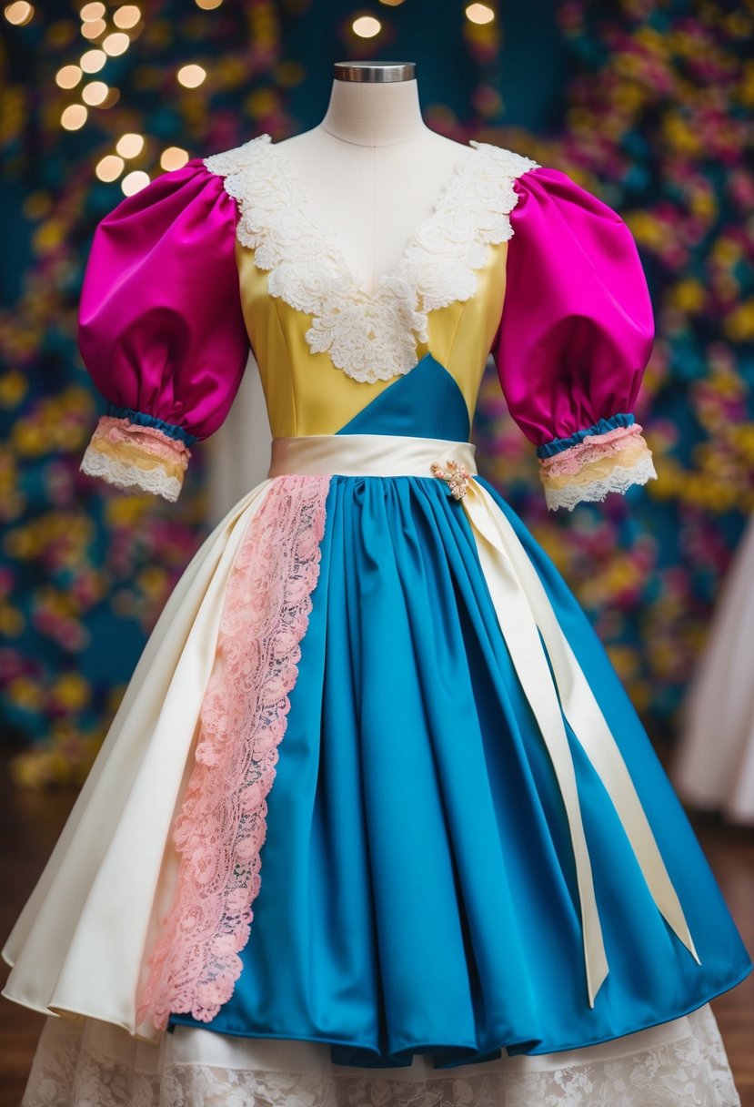 An 1980s-style wedding dress with mix-and-match options, featuring bold colors, puffy sleeves, and layered skirts, adorned with lace and ribbons