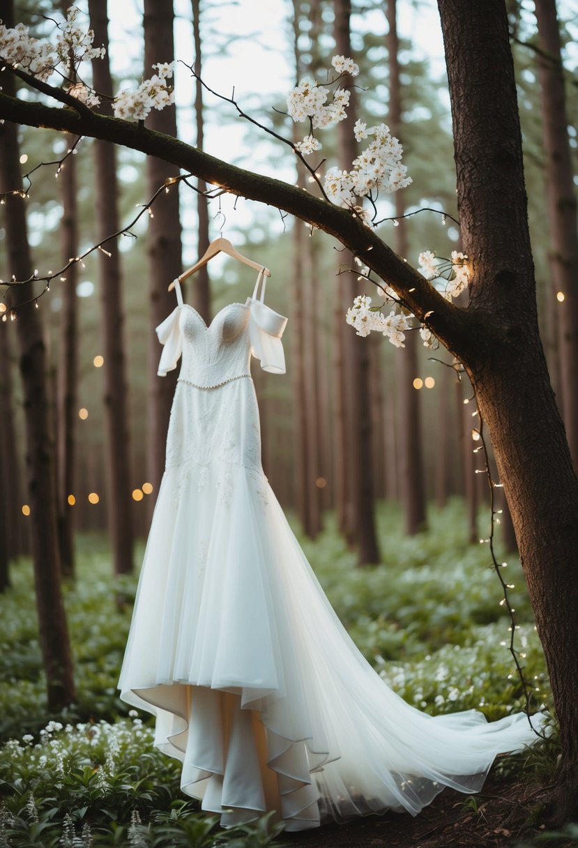 An ethereal off-the-shoulder wedding dress hangs from a tree branch in a magical forest, surrounded by delicate flowers and twinkling fairy lights