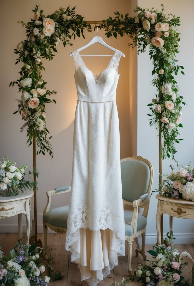 A vintage lace sheath wedding dress hangs on a mannequin, surrounded by delicate floral arrangements and antique furniture in a softly lit room