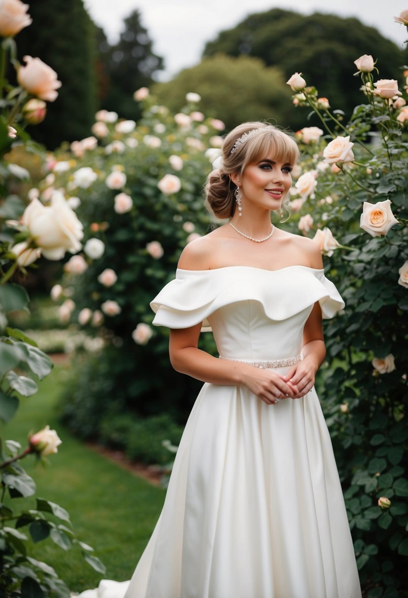 A bride in an off-the-shoulder 1980s style wedding dress stands in a garden, surrounded by blooming roses and flowing greenery