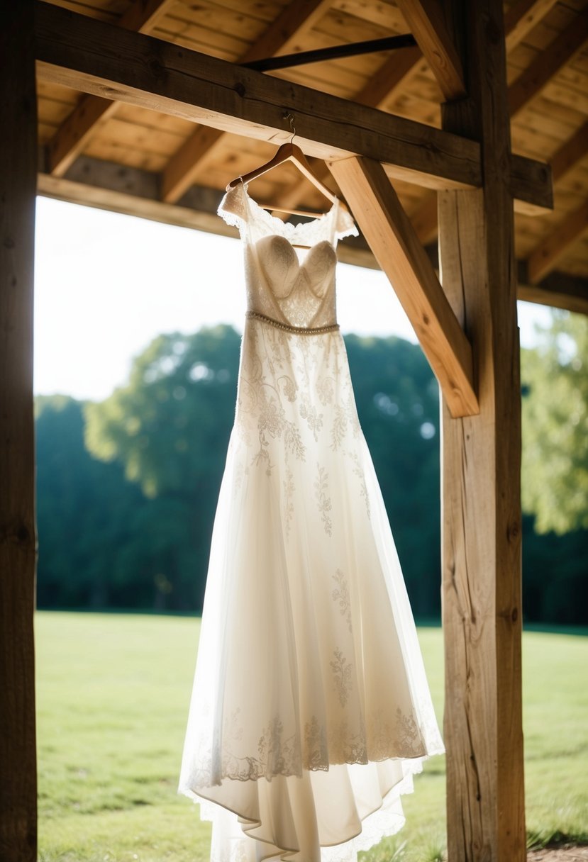 A rustic off-shoulder wedding dress hanging from a wooden beam in a sunlit barn