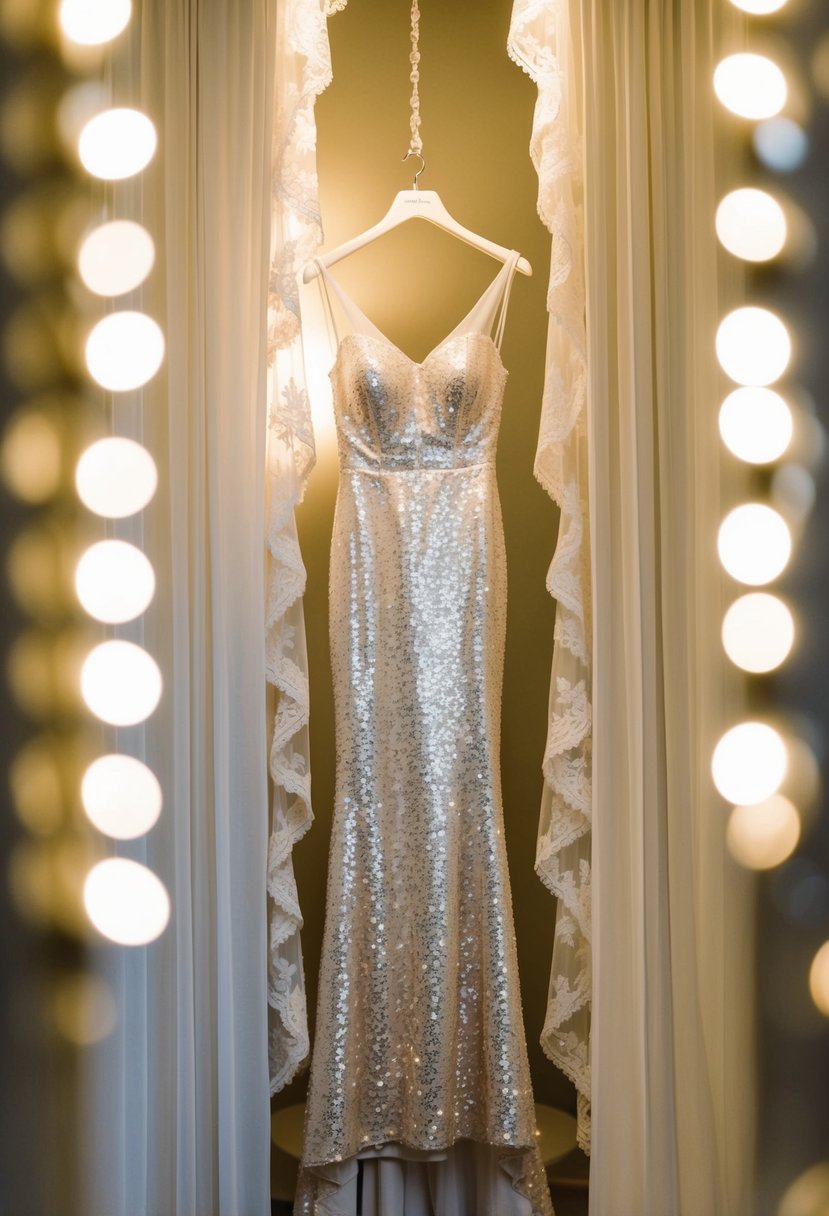 A sparkling sequin gown hangs on a vintage mannequin, surrounded by soft lighting and elegant lace details