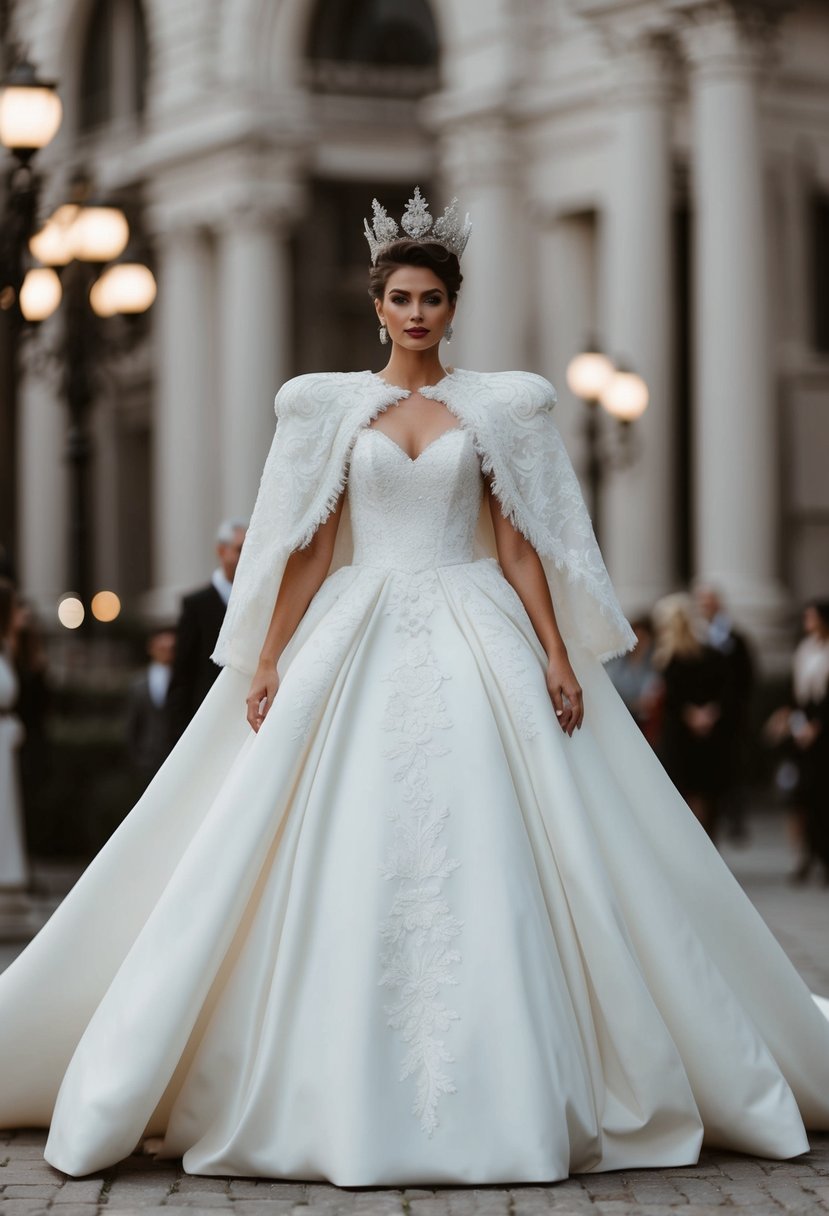 A voluminous 1980s-style wedding dress with regal cape adornments, featuring bold shoulder pads and intricate lace detailing