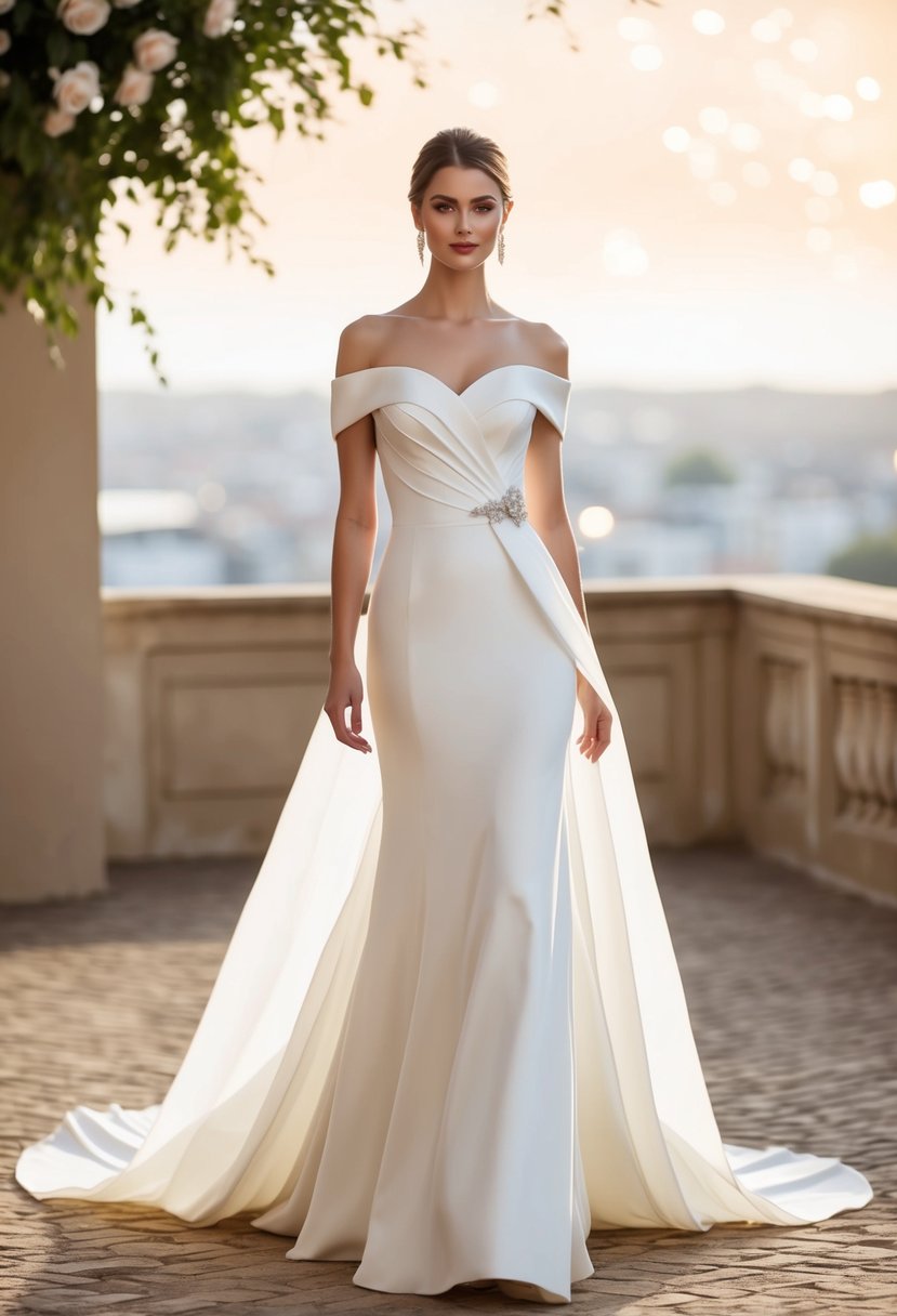 An elegant off-the-shoulder wedding dress with a chic asymmetrical edge, flowing gracefully in a romantic setting