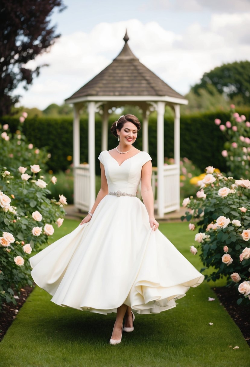 A bride in a tea-length 1950s style wedding dress twirls in a vintage-inspired garden, surrounded by blooming roses and a quaint gazebo