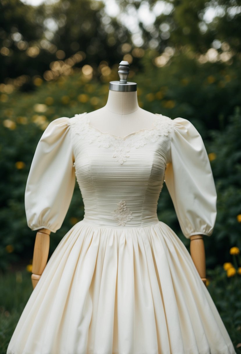 A vintage 1980s style wedding dress made from sustainable fabric, featuring puffy sleeves, a fitted bodice, and a full skirt with lace or floral embellishments