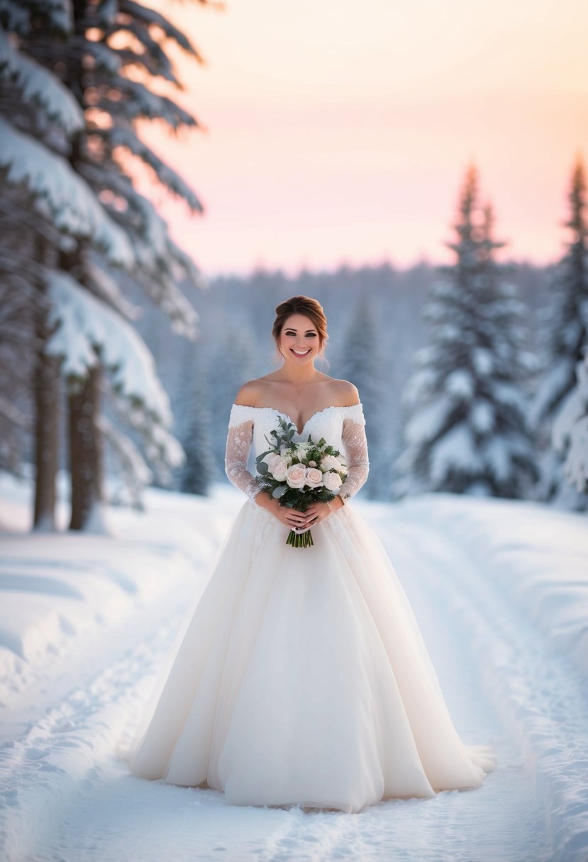 A bride in an off-the-shoulder wedding dress walks through a snowy forest with snow-covered trees and a soft, pink sunset in the background