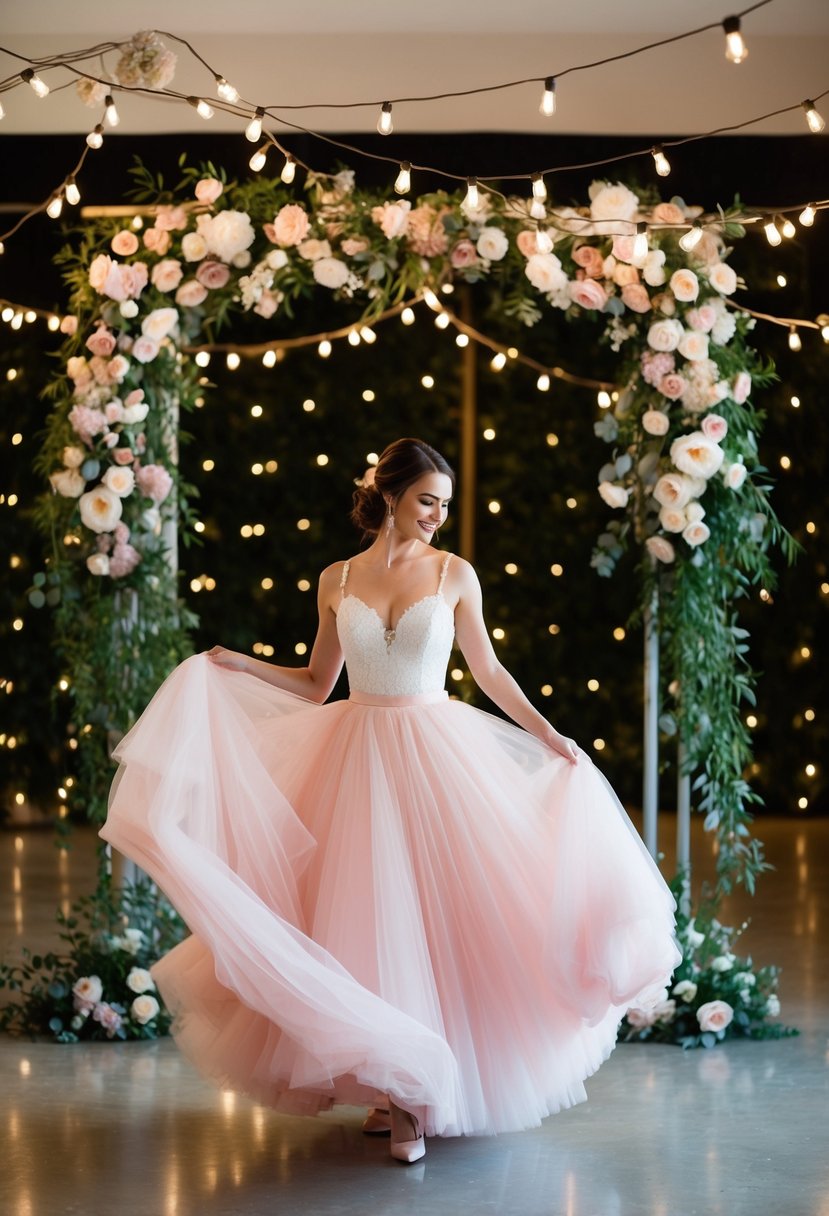 A bride twirls in a pastel tulle skirt, surrounded by vintage floral decor and twinkling string lights