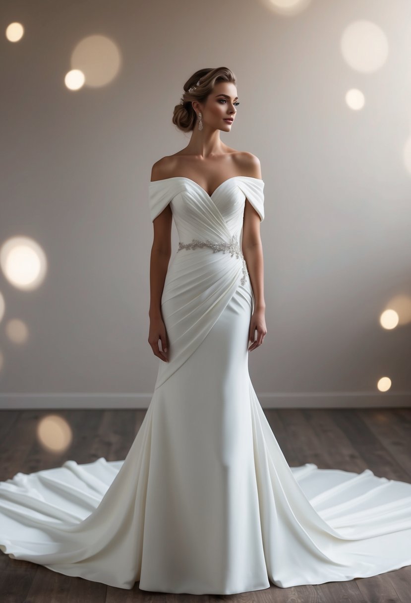 An off-the-shoulder wedding dress with elegant draped design, flowing fabric, and intricate details